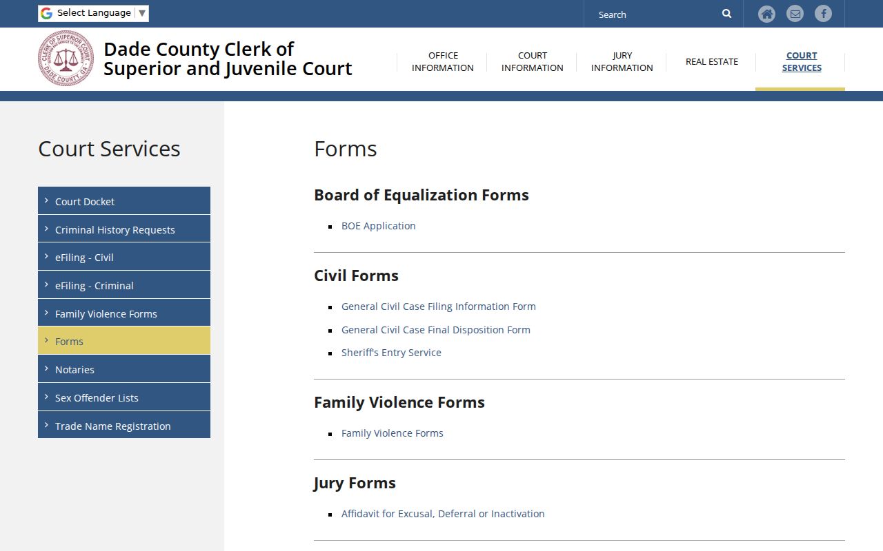 Dade County case lookup view of Clerk court forms